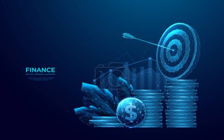 Abstract finance successful concept. Digital target, coins, and growth chart on blue technology background. Eco economics metaphor. Low poly wireframe futuristic style. Geometry vector illustration.