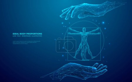 Ein Mann bedeckt eine abstrakte Ikone des Vitruvianischen Mannes mit seinen Händen. Digitale Wissenschaft oder Anatomie-Konzept. Low-Poly-Drahtgittervektordarstellung im polygonalen Stil des blauen Hologramms. Geometrisches Bild.