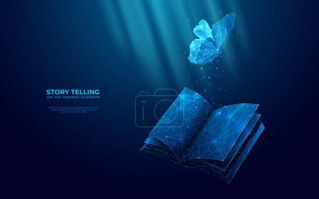 Concepto de narración. Concepto abstracto de lectura de literatura. Libro abierto de polietileno bajo y mariposas voladoras aisladas sobre fondo azul oscuro. Puntos conectados brillantes, líneas y formas geométricas.