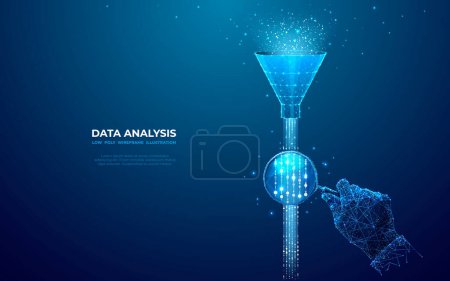 Abstract funnel with data stream and hand with magnifying on dark blue background. Data analysis concept. Digital internet wave or flow. Low poly wireframe vector illustration in a futuristic style.