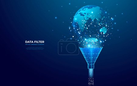 Abstract funnel with data flow and globe Earth on dark blue technology background. Global network metaphor. Big data concept. Low poly wireframe vector illustration in futuristic hologram style.