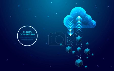 Illustration for Digital cloud computing and blockchain technology. Abstract cloud with arrows up and down. Big data analysis concept. Low poly wireframe vector illustration in futuristic hologram blue style. - Royalty Free Image