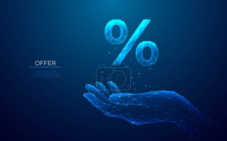 Abstract hand and offer discount icon. Percentage blue hologram on a close-up human palm. Percentage symbol. Finance and Tax concept. Low Poly wireframe vector illustration in futuristic style.