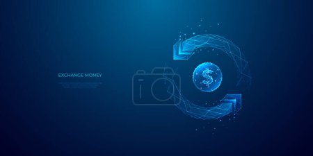 Illustration for Abstract money exchange concept. Digital USD coin and reverse arrows. Money transfer and cashback metaphors. Light blue polygonal vector illustration on technology background. Return and Currency. - Royalty Free Image