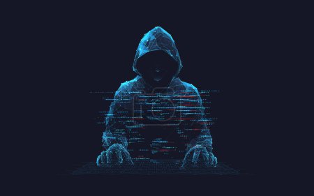 Abstrakter digitaler Hacker. Cyber-Sicherheitskonzept. Ein Mann mit Kapuzenpulli und verstecktem Gesicht vor einem Computer. Cyberangriffe und Datenhack. Betrüger. 3D Vektor polygonale Drahtbild-Illustration.
