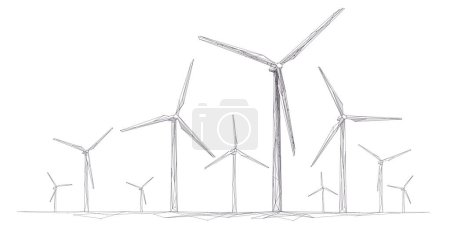 Énergie éolienne. Parc d'éoliennes. Concept d'énergie durable ou verte. Illustration vectorielle polygonale filaire. Moulin à vent dans le style numérique low poly croquis avec points connectés, lignes sur fond blanc. 