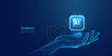 Illustration for AI Computer chip in abstract digital hand. Artificial Intelligence innovation concept. Tech background. CPU chip in top view with AI letters light blue hologram. 3D semiconductor. Vector illustration. - Royalty Free Image