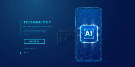 Chip de IA azul claro digital abstracto en la pantalla vacía del teléfono inteligente. Formación en innovación tecnológica. Concepto de tecnología AI. Procesador con líneas de circuito y letras A e I. Ilustración de vector poli bajo.