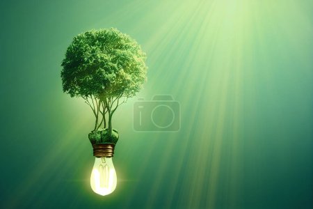 Téléchargez les photos : Illustration d'une ampoule avec un arbre à l'intérieur, énergie renouvelable verte, technologie durable, réduction du CO2 - en image libre de droit