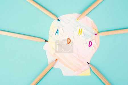 Photo for ADHD, attention deficit hyperactivity disorder, mental health, colored paper with pencils - Royalty Free Image