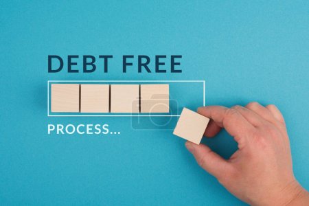 Libre de deudas en proceso, barra de carga, terminación de pagos de crédito y préstamos bancarios, libertad financiera 