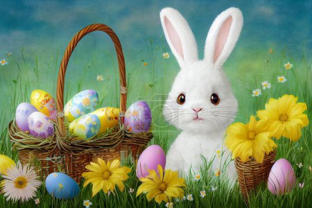 Téléchargez les photos : Lapin ou lapin de Pâques, prairie de printemps avec des œufs colorés dans un panier et des fleurs, carte de voeux de vacances - en image libre de droit