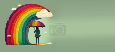 Foto de Mujer con un paraguas frente a un arco iris, actitud optimista positiva, esperanza y concepto de emoción - Imagen libre de derechos