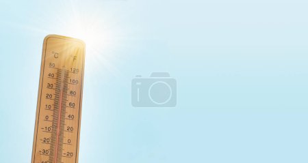 Photo for Thermometer with blue sky and sun, measure the temperature, weather forecast, global warming and environment discussion, summer season with heat wave - Royalty Free Image