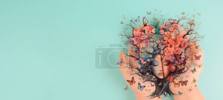 Téléchargez les photos : Esprit humain avec des fleurs et des papillons poussant à partir d'un arbre, pensée positive, esprit créatif, autosoin et concept de santé mentale - en image libre de droit