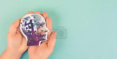 Photo for Alzheimer awareness day, dementia diagnosis, Parkinsons disease, memory loss disorder, brain with puzzle or jigsaw pieces - Royalty Free Image