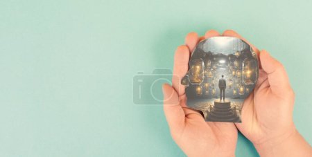 Photo for Man stands in a room with many light bulbs, explosion of ideas, brainstorming for solutions, smart brain, open mind for new direction - Royalty Free Image
