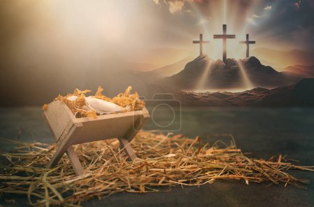 Photo for Birth and death of Jesus Christ, manger in Bethlehem, three crosses on the mountain of Jerusalem, religion and faith of christianity, bibical story - Royalty Free Image