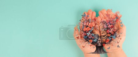 Menschlicher Geist mit Blumen und Schmetterlingen, die aus einem Baum wachsen, positivem Denken, kreativem Geist, Selbstfürsorge und Konzept für psychische Gesundheit