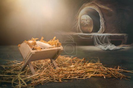 Birth and resurrection of Jesus Christ, manger in Bethlehem, empty grave tomb with shroud, religion and faith of christianity, bibical story