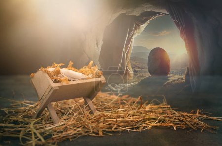 Birth and resurrection of Jesus Christ, manger in Bethlehem, empty grave tomb with shroud, religion and faith of christianity, bibical story