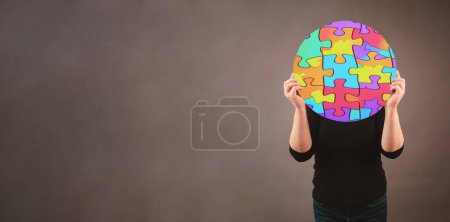 Photo for Alzheimer awareness day, dementia diagnosis, Parkinson disease, memory loss disorder, brain with puzzle or jigsaw pieces - Royalty Free Image