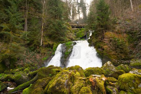 Triberg waterfall in the Black Forest, highest fall in Germany, Gutach river plunges over seven major steps into the valley, wooden bridge 