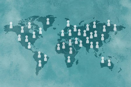 Weltbevölkerungstag, Landkarte mit Menschen, internationale Gleichberechtigung, Freundschafts- und Friedenskonzept, Bewusstsein für globale Probleme