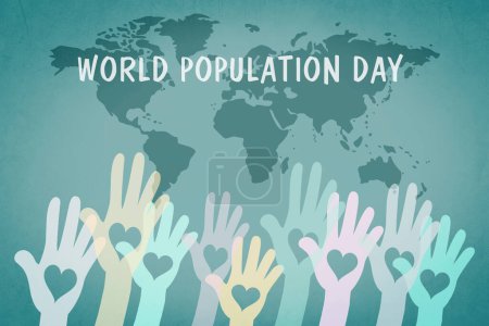 Foto de Día mundial de la población, de la mano con el corazón, igualdad internacional, concepto de amistad y paz, conciencia de los problemas globales - Imagen libre de derechos