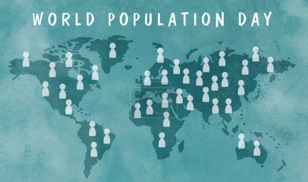Weltbevölkerungstag, Landkarte mit Menschen, internationale Gleichberechtigung, Freundschafts- und Friedenskonzept, Bewusstsein für globale Probleme