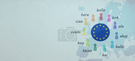 Téléchargez les photos : Langues et carte du monde, mot bonjour dans différentes langues parlées en Europe, concept d'entreprise et de communauté multilingues, multilinguisme dans l'UE - en image libre de droit