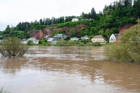 Inundación del río Mosela, Tréveris en Renania Palatinado, árboles y caminos inundados, alto nivel del agua, cambio climático 
