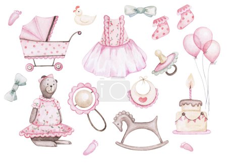 Photo for Items for babies. Watercolor blank for creating metrics, posters, etc. The birth of a girl. Isolated objects on a white background. - Royalty Free Image