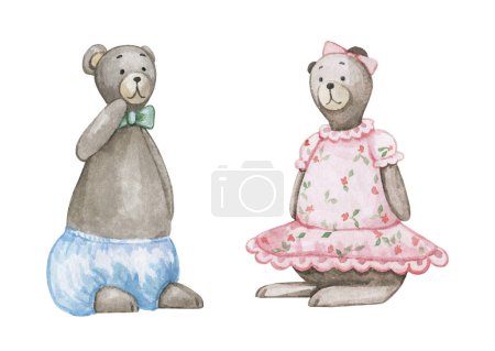 Photo for Watercolor bears on a white background. Children's soft toys. A boy and a girl. - Royalty Free Image