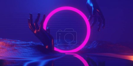 Photo for Abstract backgound video game of esports scifi gaming cyberpunk, vr virtual reality simulation and metaverse, scene stand pedestal stage, 3d illustration rendering, futuristic neon glow room - Royalty Free Image