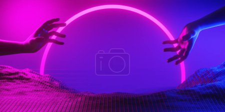 Photo for Abstract backgound video game of esports scifi gaming cyberpunk, vr virtual reality simulation and metaverse, scene stand pedestal stage, 3d illustration rendering, futuristic neon glow room - Royalty Free Image
