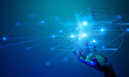 3d de main humaine tenant la structure légère de double hélice de cellule d'ADN de sang, rendu d'illustration, réseau des affaires de soins de santé