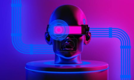 vr ar headset mit roboter ai, kopf 3d illustration rendering von futuristischen cyberpunk city, gaming wallpaper scifi hintergrund, metaverse technology