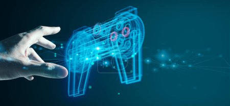 main de joueur tenant une console de manette de jeu avec technologie futuriste scifi cyberpunk abstrait arrière-plan holographique