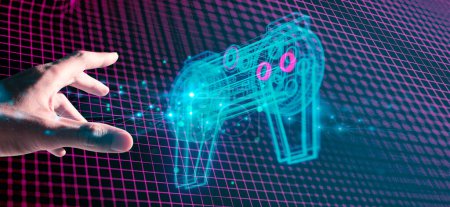 main de joueur tenant une console de manette de jeu avec technologie futuriste scifi cyberpunk abstrait arrière-plan holographique