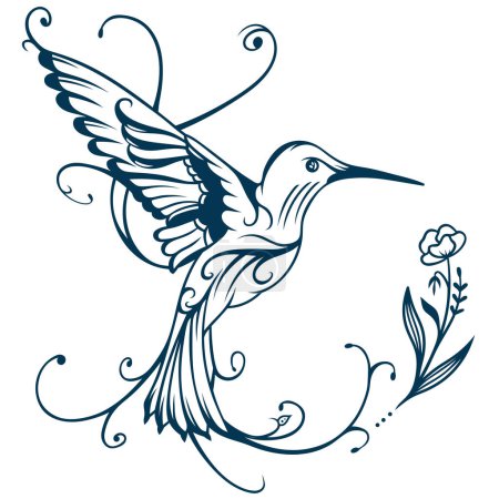 Illustration for Abstract Hummingbirds Tattoo Silhouette with Floral Accent - Royalty Free Image