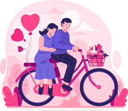 Ilustración de Una pareja feliz está montando una bicicleta juntos. Un hombre y una mujer disfrutando de un paseo romántico en bicicleta con globos en forma de corazón. Feliz día de San Valentín - Imagen libre de derechos