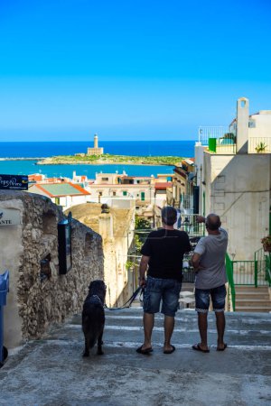 Photo for Vieste, Italy. View of the town from Via Cesare Battisti. In the distance the lighthouse of Vieste. Two men with a dog are looking at the panorama. Vertical image. September 5, 2022. - Royalty Free Image