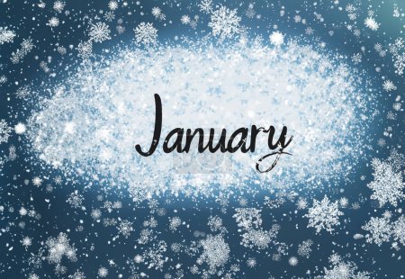 Winter-Hintergrund mit Januar-Schriftzug, Schneeflocken und schwebenden Eiskristallen.