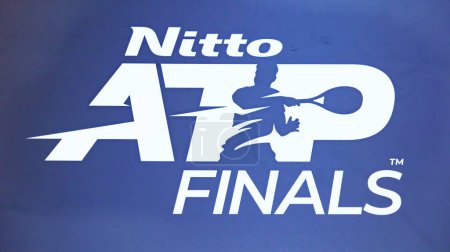 Photo for Turin, Italy. Panel with the Nitto ATP Finals logo, a men's tennis sporting event scheduled at the Pala Alpitour in Turin from 12 to 19 November 2023. 2023-10-21. - Royalty Free Image