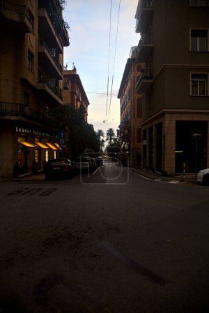 Téléchargez les photos : Rue descendante avec commerces et bordée d'arbres dans une ville par une journée nuageuse au coucher du soleil - en image libre de droit