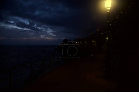 Photo for Panoramic walk with street lights on a cliff by the sea at dusk - Royalty Free Image