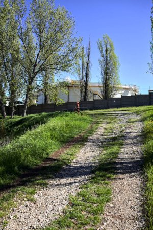 Foto de Camino en un terraplén junto a una pared límite de un complejo industrial en un bosque - Imagen libre de derechos