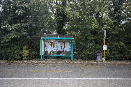 Photo for Bus stop in a road bordred by trees - Royalty Free Image