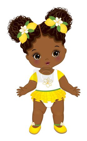Illustration for Cute black baby girl with two afro puffs, wearing yellow ruffled dress, shoes and ribbons with lemons. African American baby girl vector illustration - Royalty Free Image